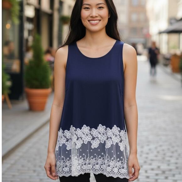 NWOT ~ Long Blue Sleeveless Tank Top with Wide White Lace Bottom ~Plus Size 2XL - Picture 1 of 1